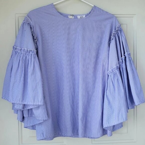 dRA Anthropology Tops - DRA Anthropologie Blue and White Striped Ruffled Tiered Bell Sleeves Top Size S